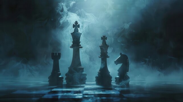 epic chess game battle with strategic fog on dark background digital painting