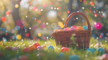 Wall Mural - a full basket of colorful easter eggs on outdoor lawn with beautiful flowers