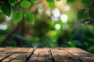 Poster - Wood table top with blurred green tree against a park garden background - ideal for displaying or montaging your products.