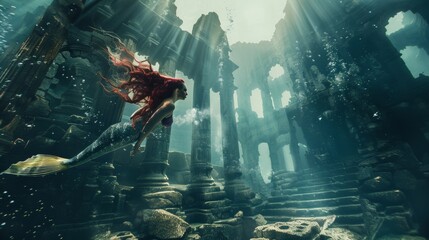 Beautiful mermaid swimming underwater in deep sea with ancient city ruin lost civilization.