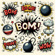 © Galeno - Comic bomb boom vector element featuring hand-drawn cartoon explosions and splashes with expressive text like boom, pow, and wow. Vector illustration.