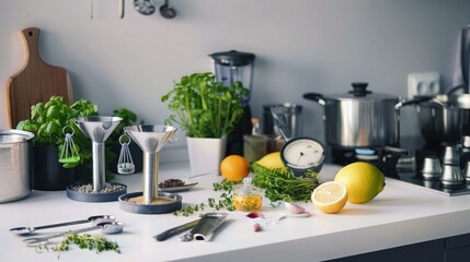 Wall Mural - A professional chefa??s kitchen setup on a white counter, with precision scales, measuring spoons, and fresh ingredients like herbs and citrus fruits, emphasizing the art of cooking.