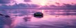 © SKIMP Art - The text 'HELLO JULY' is written on the water surface in the middle of the picture, with an ocean background and a purple sky at sunset Generative AI