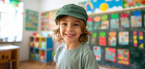 Wall Mural - Smiling kid with a green hat, standing in front of a colorful chalkboard in a bright classroom.