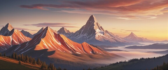 Wall Mural - Colorful organic illustration of a mountain peak at sunset