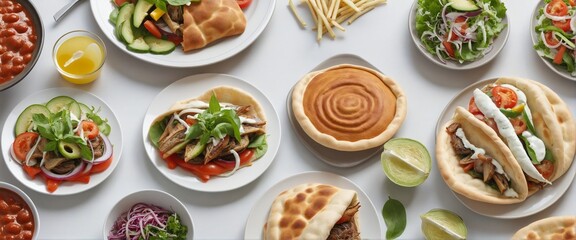 Wall Mural - Cut-out pita gyros with grilled meat and fresh vegetables served on a white plate