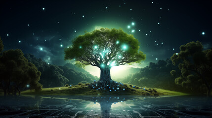 Wall Mural - glowing technological tree on a dark background, starlight in the night sky