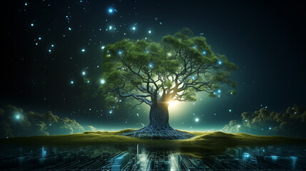 Wall Mural - glowing technological tree on a dark background, starlight in the night sky
