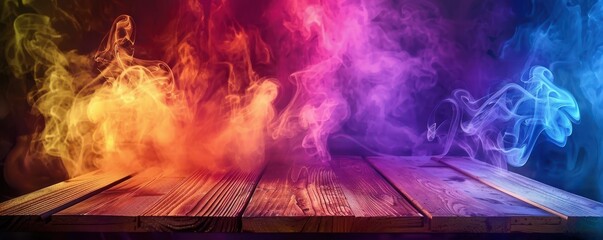 Wall Mural - A table with smoke and colorful lights in the background. The table is empty and the smoke is coming from the top. Free copy space for text.