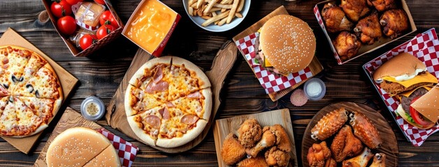 Fast Food Feast: A Delicious Spread of Burgers, Pizza, and Fried Chicken