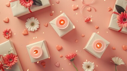 Wall Mural - White Boxes with Pink Flowers and Candles