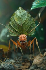 Sticker - Carrying a leaf much larger than its body, a leafcutter ant with powerful mandibles marches determinedly across the forest floor, demonstrating its incredible strength.