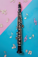 Wall Mural - clarinet with wood musical notes on blue and pink background