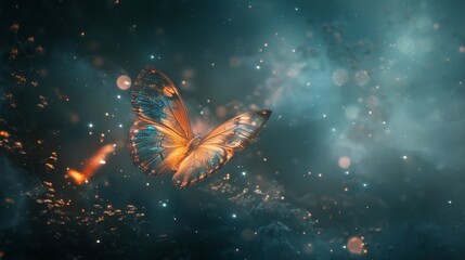 Illuminating shinning glowing beautiful butterfly over dark background.