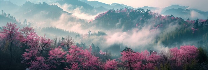 Wall Mural - Foggy mountain with colorful Spring forest