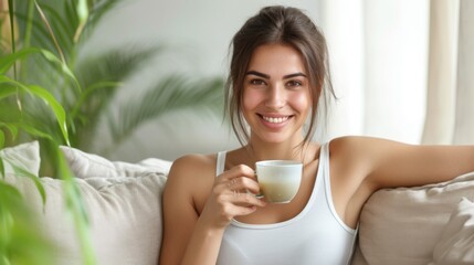 Woman in white tank top sitting on sofa and sipping tea on soft gray background