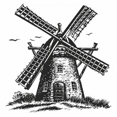 Wall Mural - Line art drawing of traditional windmill over white background.