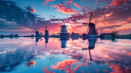 Wall Mural - Traditional windmill over water with reflection with colorful sunset sky