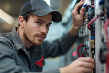 Poster - Male Technician Working on Electrical Panel Inside a Building