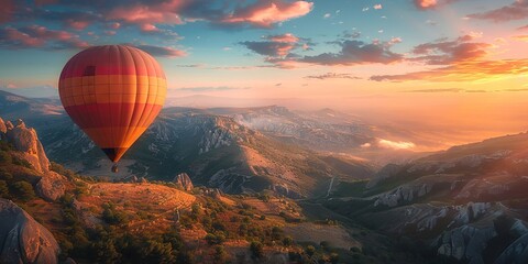 Scenic Hot Air Balloon Ride Over Majestic Mountain Range at Sunset