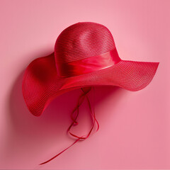 Woman red summer hat isolated on pink background.