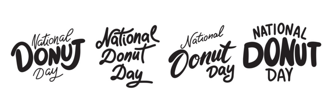 Collection of National Donut Day text lettering. Hand drawn vector art.