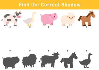 Wall Mural - Find the correct shadow of the cute illustration of farm animal. Educational logic game for children. Printable worksheet.