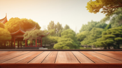 Wall Mural - Background, wooden planks in foreground, background blurred, green natural landscape