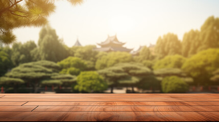 Wall Mural - Background, wooden planks in foreground, background blurred, green natural landscape