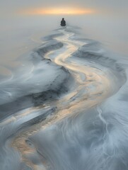 Wall Mural - A woman practices yoga on a foggy riverbank at sunrise