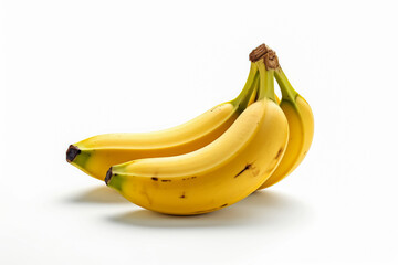Wall Mural - A banana is shown on a white background. The banana is long and yellow, with a green stem at the top. Concept of freshness and natural beauty, as the banana is a simple and unadorned object