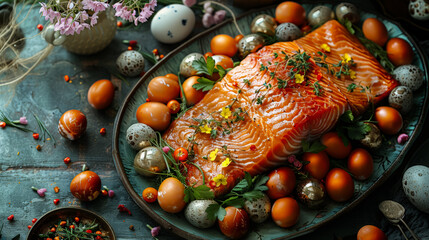 Wall Mural - A plate of salmon and greens with a lemon wedge on top. The plate is on a wooden table