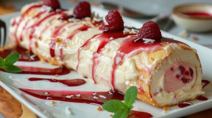 Canvas Print - Ice cream filled roll cake drizzled with guava syrup