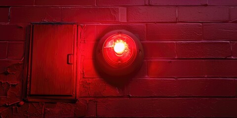 Wall Mural - A red light sits on a brick wall, near a window with a view