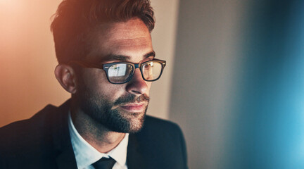 Poster - Man, glasses and reflection of computer at night in office, cybersecurity and nerd for pc system. Male person, software development and planning on website in dark, programmer and online for project