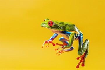 Wall Mural - A red eyed tree frog in mid-air, jumping upwards