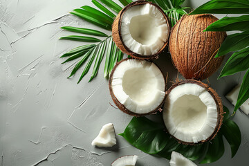 Wall Mural - Three coconuts with one of them cut open. The other two coconuts are whole. The coconuts are on a white background with green leaves