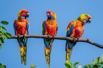 Wall Mural - A trio of vibrant parrots sitting on a tree limb