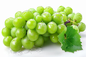 Wall Mural - A bunch of green grapes with a leaf on the left. The grapes are shiny and wet. The leaf is green and has a few drops of water on it