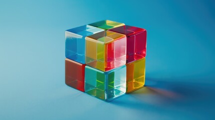 Poster - a close-up shot of a vibrant cube sitting on a blue background, perfect for use in designs related t