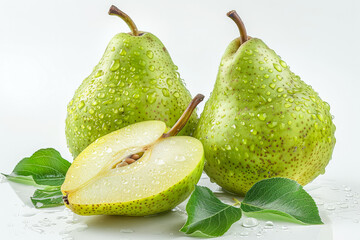 Wall Mural - Three green pears with one cut in half. Concept of freshness and natural beauty