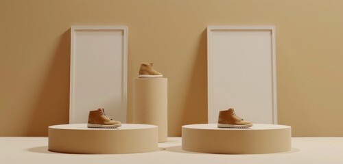 Double 3D realistic cylinder product pedestal podiums with tan shoes, two wall frame mockups in tan background