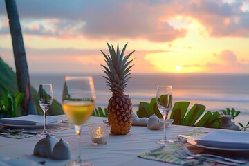 A pineapple sits on a table next to a glass of wine, perfect for a still life or food photography shot