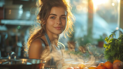 Wall Mural - Young Woman Cooking in a Kitchen With Natural Light