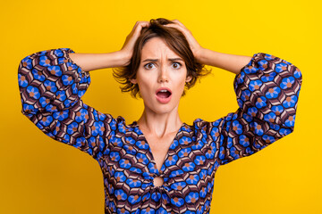 Wall Mural - Photo of young confused lady when see her boyfriend cheating in strip tease bar with another girl isolated on yellow color background