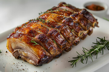 Wall Mural - A rack of ribs with herbs and spices on top of a white plate. The ribs are cooked and look delicious