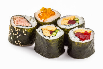 Wall Mural - A sushi roll with avocado and salmon on top. The sushi roll is on a white plate with a green garnish