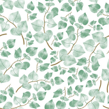 Watercolour green leaves, white background, hand drawn, vector. Seamless floral pattern-342.