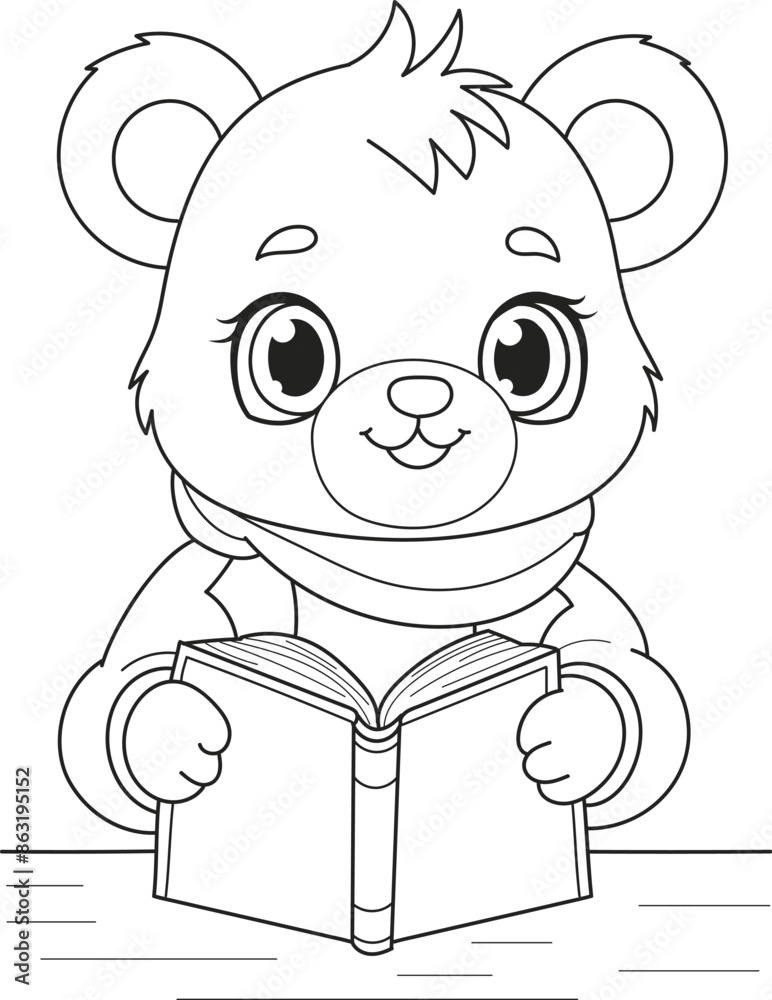 Coloring page outline of the cartoon smiling cute bear with a book ...