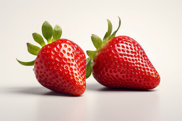 Wall Mural - Two red strawberries are placed next to each other on a white background. Concept of freshness and natural beauty, as the strawberries are ripe and ready to be eaten